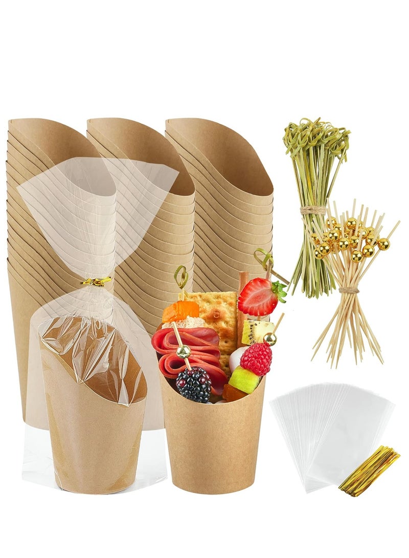 Set of 50 14 oz charcuterie cups with sticks and bags, individual appetizers disposable kraft paper cups - 50 Cups 200 Picks 50 Bags