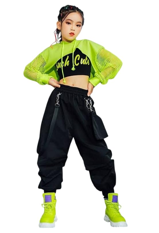 Ameeha Cotton Blend Girls Hip Hop Dance Clothes 3Pcs Printed Crop Top Cargo Pants Sets Active Outfits (5 Years-6 Years), Black - Image 1