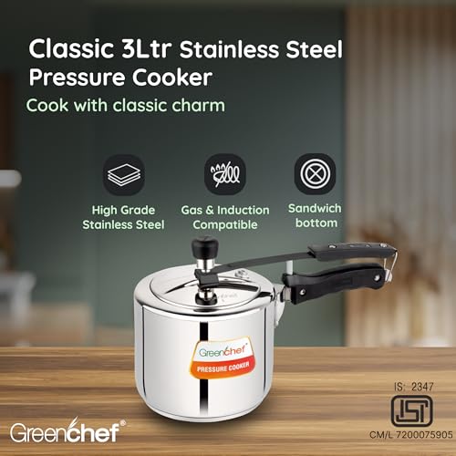 Greenchef Stainless Steel Inner lid pressure cooker 3 litre – Classic, ISI certified, Induction and Gas compatible, Glossy Finish, triply bottom, 5Year warranty - Image 3