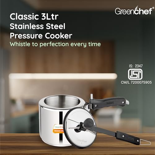 Greenchef Stainless Steel Inner lid pressure cooker 3 litre – Classic, ISI certified, Induction and Gas compatible, Glossy Finish, triply bottom, 5Year warranty - Image 2