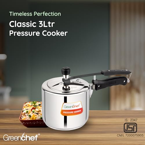 Greenchef Stainless Steel Inner lid pressure cooker 3 litre – Classic, ISI certified, Induction and Gas compatible, Glossy Finish, triply bottom, 5Year warranty - Image 4