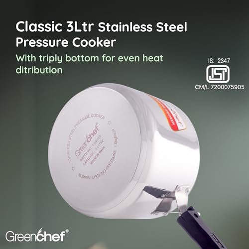 Greenchef Stainless Steel Inner lid pressure cooker 3 litre – Classic, ISI certified, Induction and Gas compatible, Glossy Finish, triply bottom, 5Year warranty - Image 5