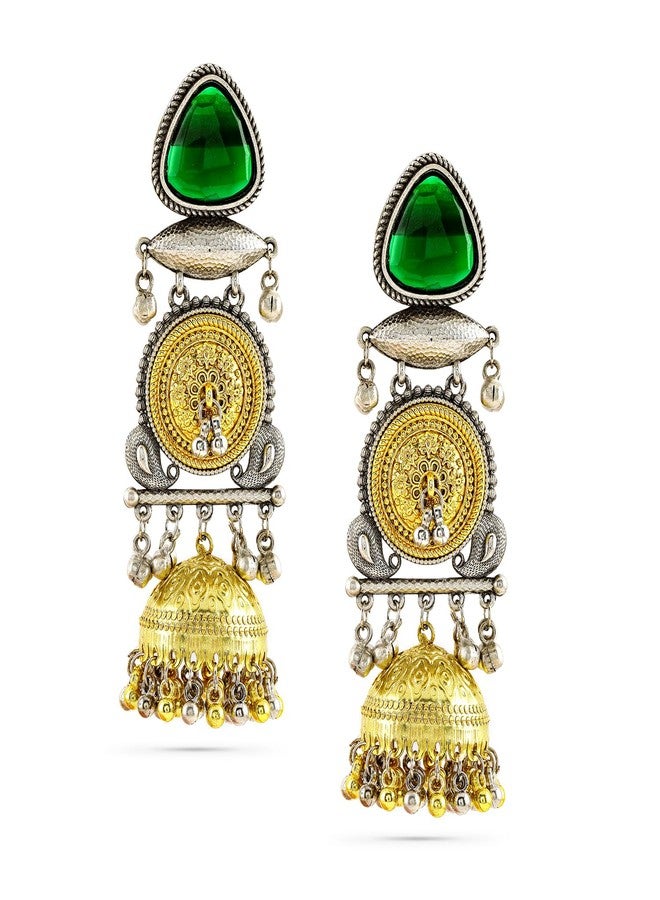 Rubans Silver & Gold Dual-Plated Oxidised Long Emerald Green Stone Jhumka Earrings with Gold & Silver Beads for Women - Festive & Ethnic Looks - Image 1