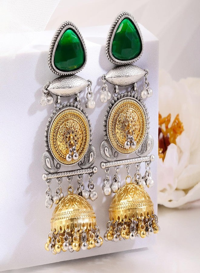 Rubans Silver & Gold Dual-Plated Oxidised Long Emerald Green Stone Jhumka Earrings with Gold & Silver Beads for Women - Festive & Ethnic Looks - Image 4