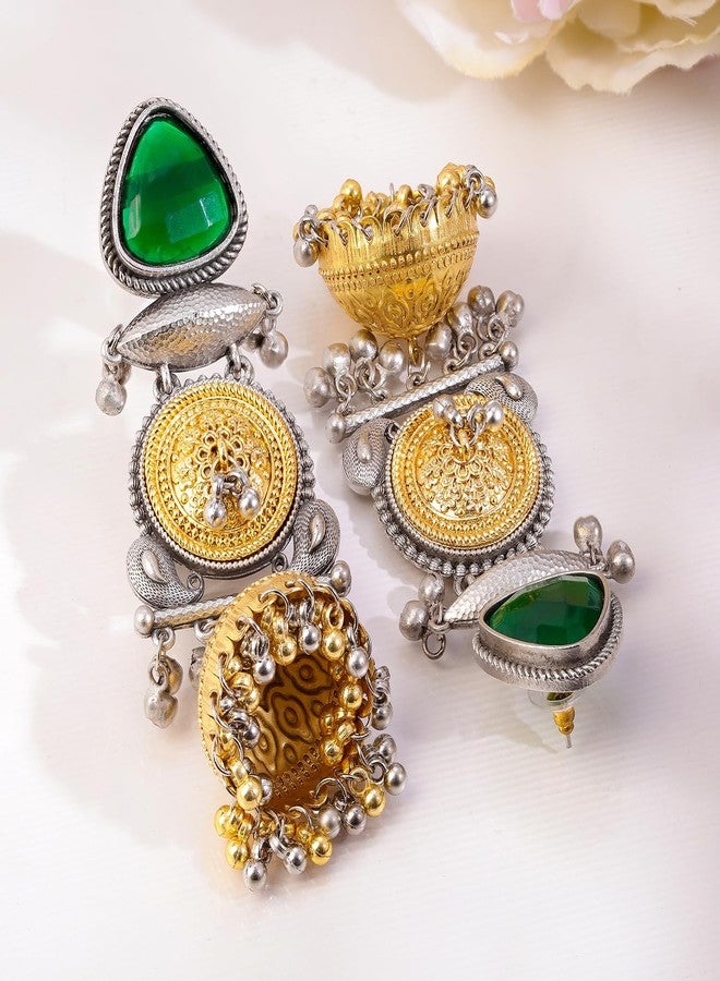 Rubans Silver & Gold Dual-Plated Oxidised Long Emerald Green Stone Jhumka Earrings with Gold & Silver Beads for Women - Festive & Ethnic Looks - Image 5