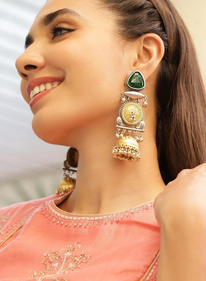 Rubans Silver & Gold Dual-Plated Oxidised Long Emerald Green Stone Jhumka Earrings with Gold & Silver Beads for Women - Festive & Ethnic Looks - Image 2