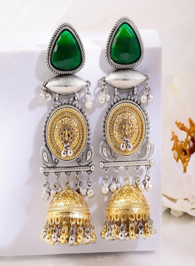 Rubans Silver & Gold Dual-Plated Oxidised Long Emerald Green Stone Jhumka Earrings with Gold & Silver Beads for Women - Festive & Ethnic Looks - Image 3
