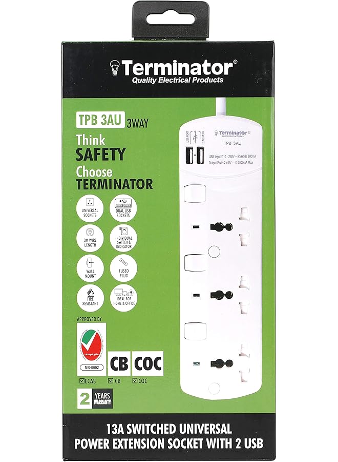 Terminator Extension 3G/3M + 2 Usb Tpb 3Au Universal Socket W/Individual Switches & Indicators Terminator, Multicolor, Trz-Tpb 3Au, Extension Socket - Image 1