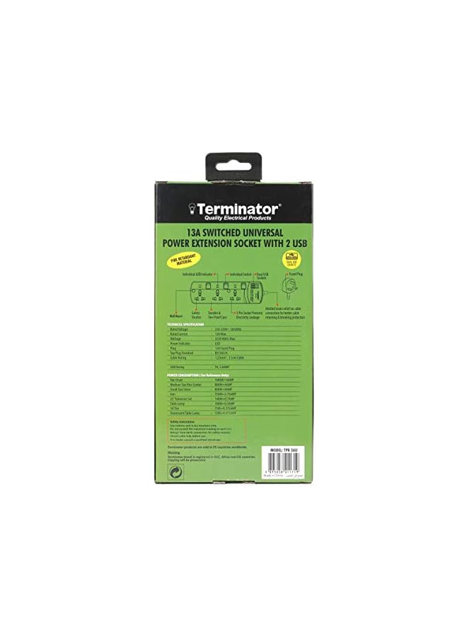 Terminator Extension 3G/3M + 2 Usb Tpb 3Au Universal Socket W/Individual Switches & Indicators Terminator, Multicolor, Trz-Tpb 3Au, Extension Socket - Image 2