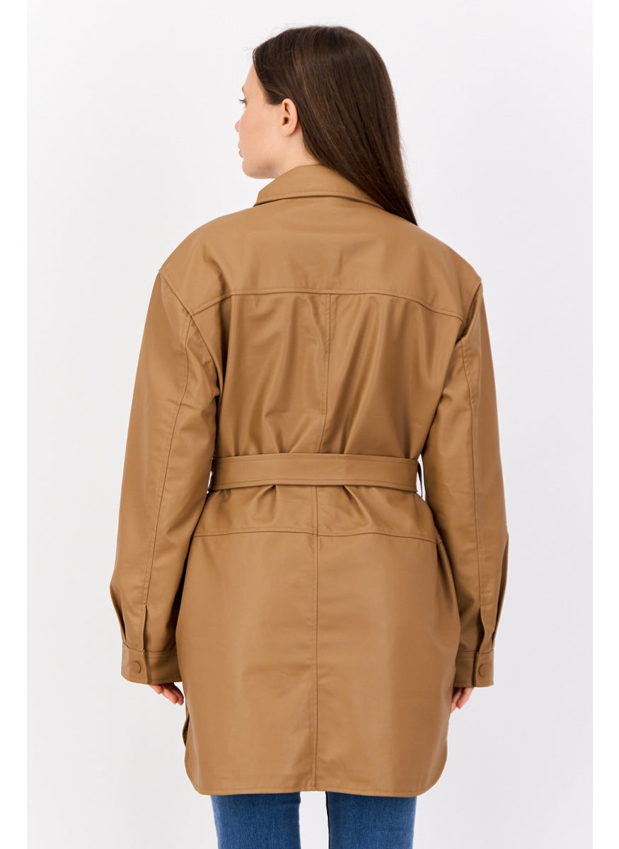 ESPRIT - Women Solid Belted Jacket Shirt, Tan - Image 1
