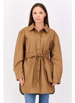 Women Solid Belted Jacket Shirt, Tan