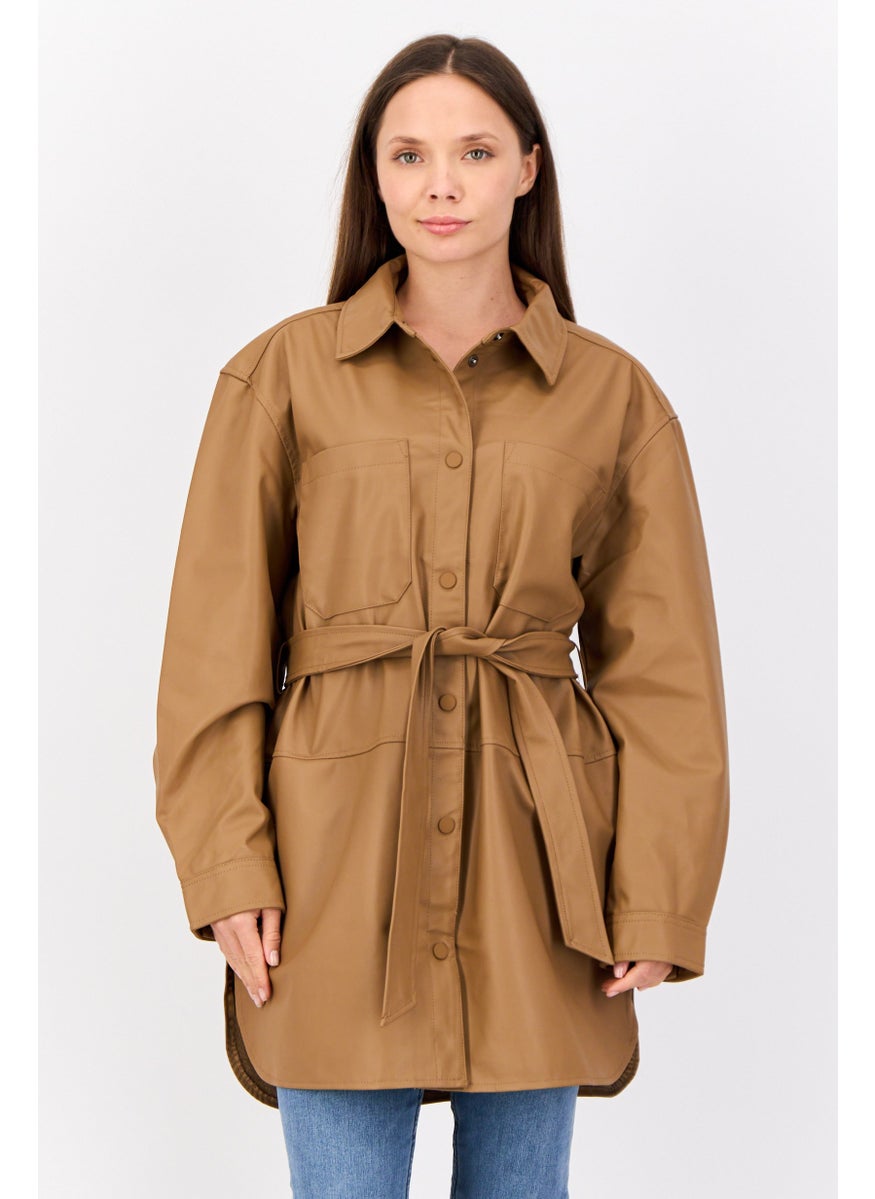 ESPRIT - Women Solid Belted Jacket Shirt, Tan - Image 1