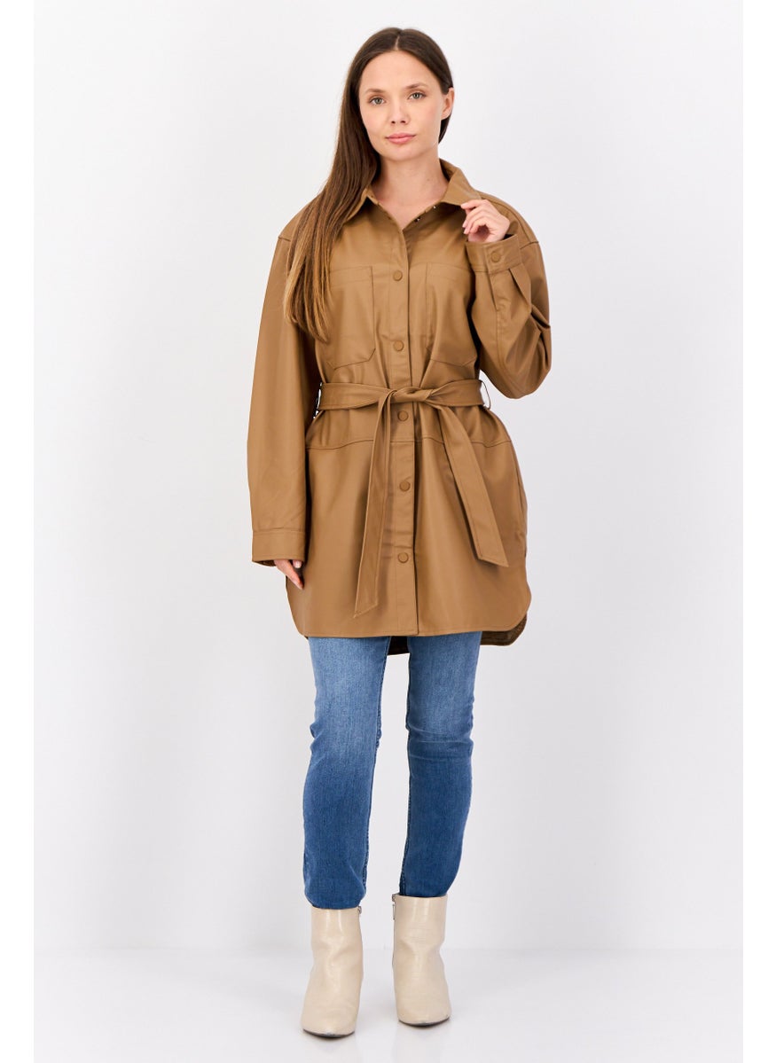 ESPRIT - Women Solid Belted Jacket Shirt, Tan - Image 1