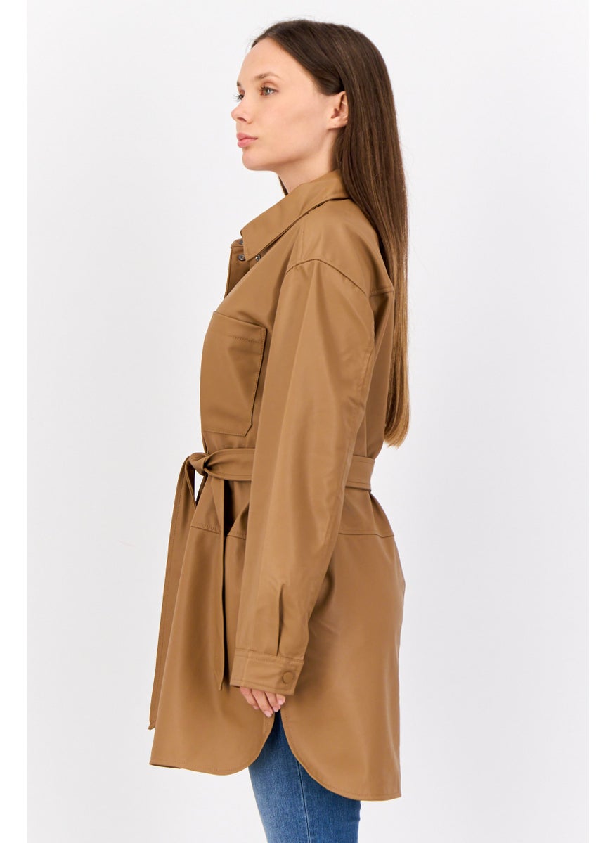ESPRIT - Women Solid Belted Jacket Shirt, Tan - Image 1