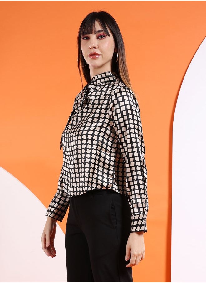 Freehand Women Regular Fit Casual Geometric Print Satin Neck Tie Shirt  - Image 3