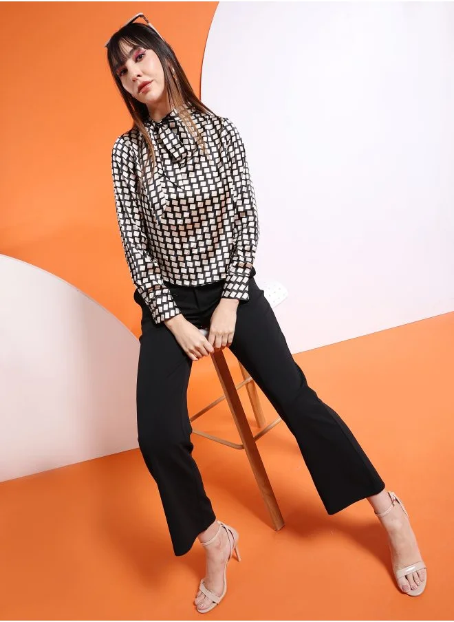 Freehand Women Regular Fit Casual Geometric Print Satin Neck Tie Shirt