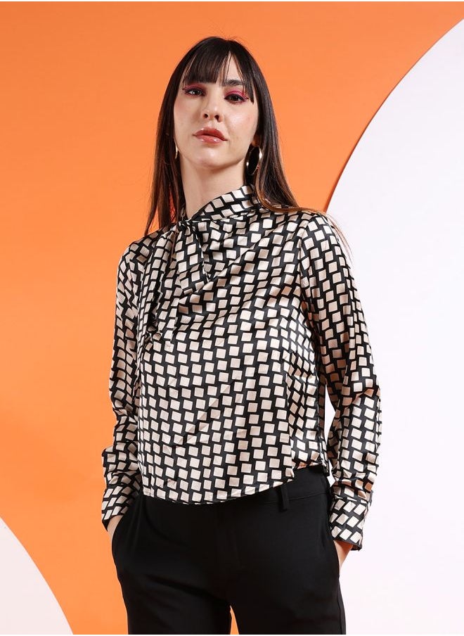 Freehand Women Regular Fit Casual Geometric Print Satin Neck Tie Shirt  - Image 4