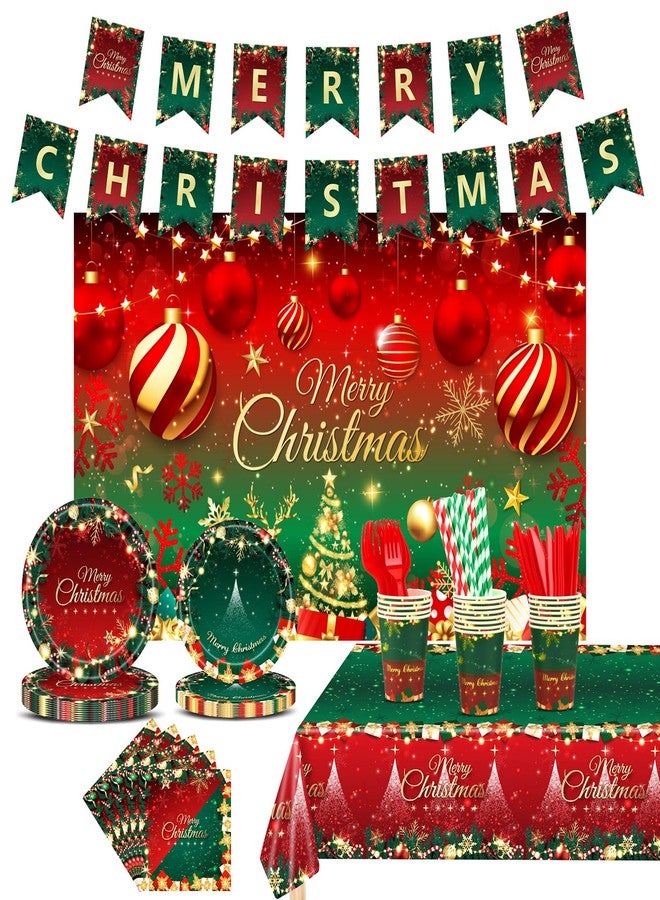 gobutend Christmas Party Decorations, Merry Christmas Party Supplies with Xmas Tree and Balls Theme, Disposable Tableware with Paper Plates, Napkins, Cups, Tableclot, Banner, Background Cloth (Serves 20) - Image 1