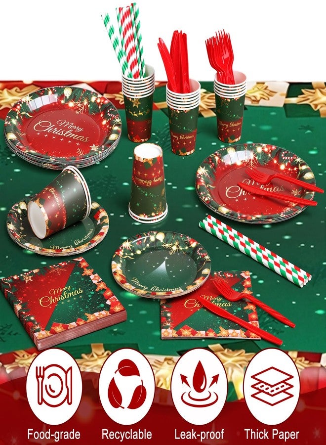 gobutend Christmas Party Decorations, Merry Christmas Party Supplies with Xmas Tree and Balls Theme, Disposable Tableware with Paper Plates, Napkins, Cups, Tableclot, Banner, Background Cloth (Serves 20) - Image 5
