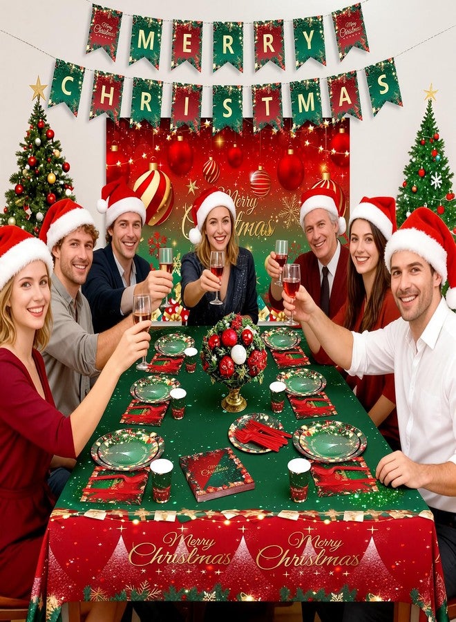gobutend Christmas Party Decorations, Merry Christmas Party Supplies with Xmas Tree and Balls Theme, Disposable Tableware with Paper Plates, Napkins, Cups, Tableclot, Banner, Background Cloth (Serves 20) - Image 2