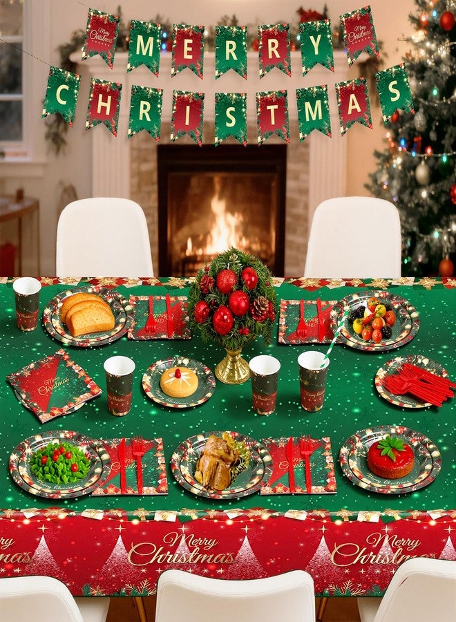 gobutend Christmas Party Decorations, Merry Christmas Party Supplies with Xmas Tree and Balls Theme, Disposable Tableware with Paper Plates, Napkins, Cups, Tableclot, Banner, Background Cloth (Serves 20) - Image 4