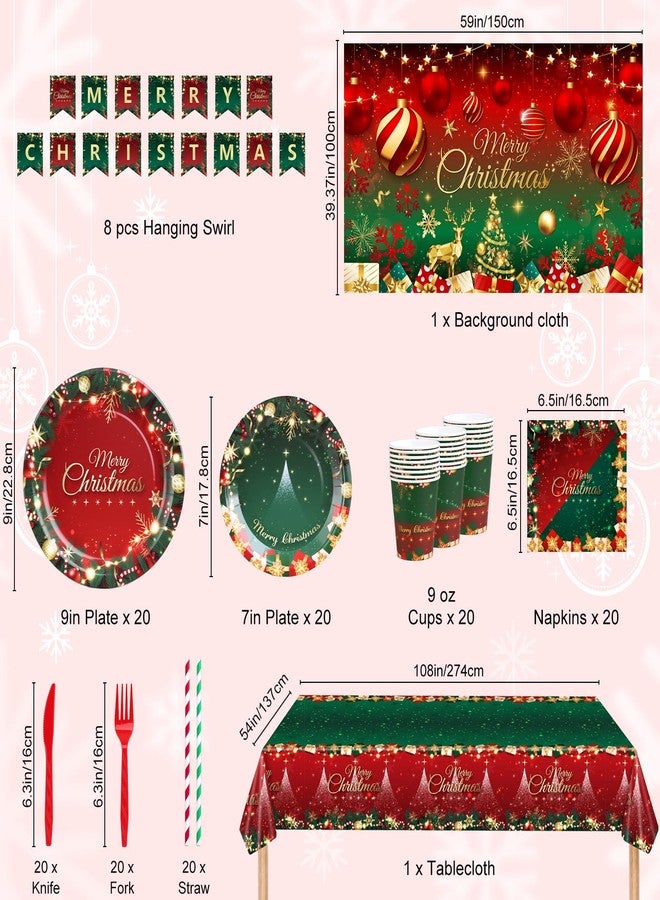 gobutend Christmas Party Decorations, Merry Christmas Party Supplies with Xmas Tree and Balls Theme, Disposable Tableware with Paper Plates, Napkins, Cups, Tableclot, Banner, Background Cloth (Serves 20) - Image 3