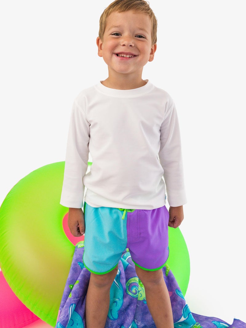 RUGGEDBUTTS Boys UPF50+ Sun Protected Stretch Dolphin Hem Swim Trunks - Neon Bright Aqua Color Block, 3-6m - Image 2
