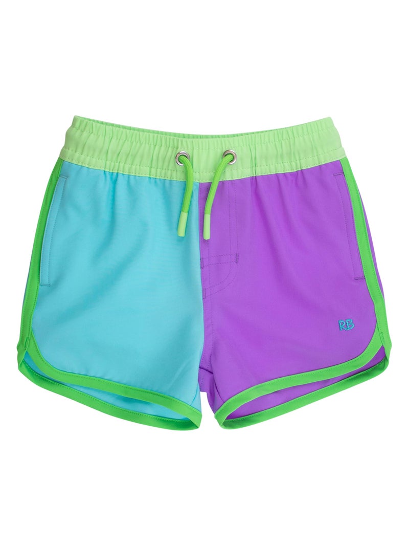 RUGGEDBUTTS Boys UPF50+ Sun Protected Stretch Dolphin Hem Swim Trunks - Neon Bright Aqua Color Block, 3-6m - Image 1