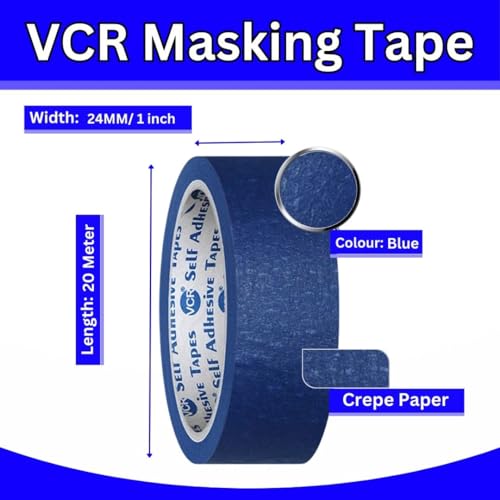 VCR Blue Masking Tape - 20 Meters in Length 24mm / 1" Width - 6 Rolls Per Pack - Easy Tear Tape, Best for Carpenter, Labelling, Painting and leaves no residue after a peel. - Image 4