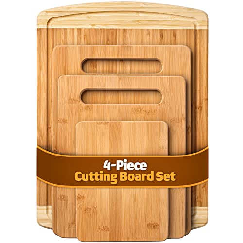 Bambüsi Bamboo Cutting Board Set of 4 - Wooden Cutting Boards for Kitchen with Juice Groove - Large Butcher Block, Cheese Board & Charcuterie Board for Meat, Vegetables, and Cheese - Great Kitchen Gift - Image 1
