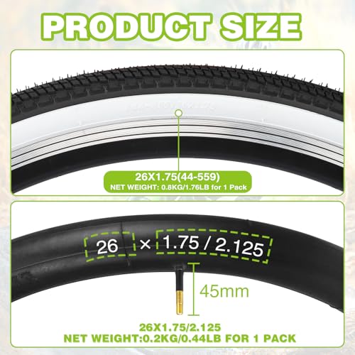 WEEROCK 26 x 1.75 Inch Bike Tires Two Pack Bicycle White Wall Side Black Tires with 2 Pack Inner Tubes Folding Bead Tires Compatible with 26 Inch City Bike, Lady Bicycle, Cruiser Bikes - Image 2