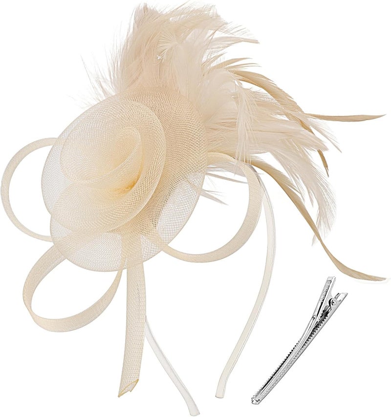 DRESHOW Fascinators Hat Flower Mesh Ribbons Feathers on a Headband and a Clip Tea Party Headwear for Girls and Women - Image 1