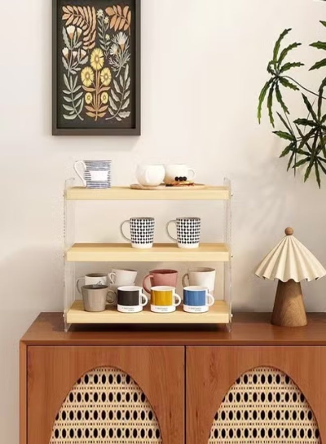 رافين رف تخزين أكواب خشبي بثلاث طبقات بإطار أكريليك – منظم عصري لسطح المطبخ لتخزين الأكواب والتوابل وديكور المنزل - Image 1