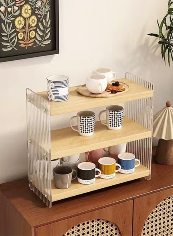 رافين رف تخزين أكواب خشبي بثلاث طبقات بإطار أكريليك – منظم عصري لسطح المطبخ لتخزين الأكواب والتوابل وديكور المنزل - Image 2