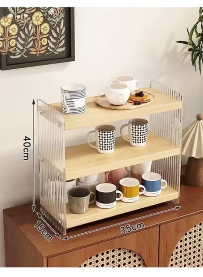 رافين رف تخزين أكواب خشبي بثلاث طبقات بإطار أكريليك – منظم عصري لسطح المطبخ لتخزين الأكواب والتوابل وديكور المنزل - Image 4