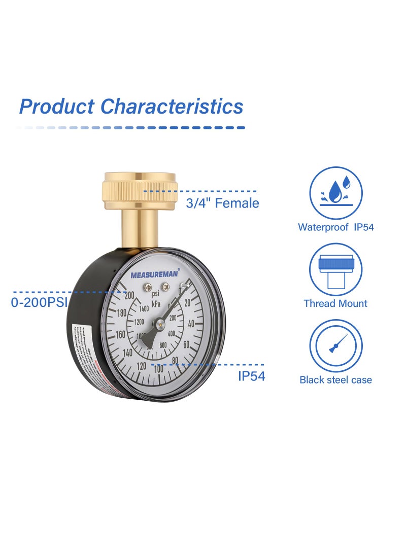 MEASUREMAN MEASUREMAN 0-200 PSI Water Pressure Gauge, 2-1/2'' Dial, Hose bib Pressure Gauge, Home Water Pressure Tester, Durable 3/4” Hose Thread, Water Pressure Gauge for Home  - Image 4