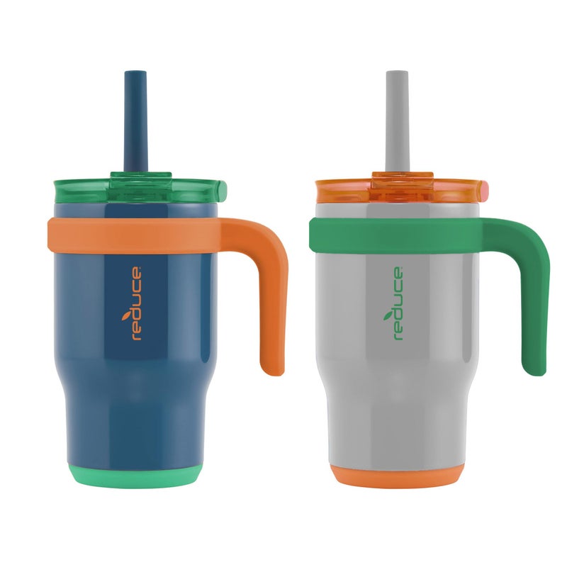 REDUCE 14 oz Coldee Tumbler with Handle for Kids - 2 Pack, Leakproof Insulated Stainless Steel Mug with Lid & Spill-Proof Straw, Keeps Drinks Cold up to 18 Hrs, Grey and Navy - Image 1
