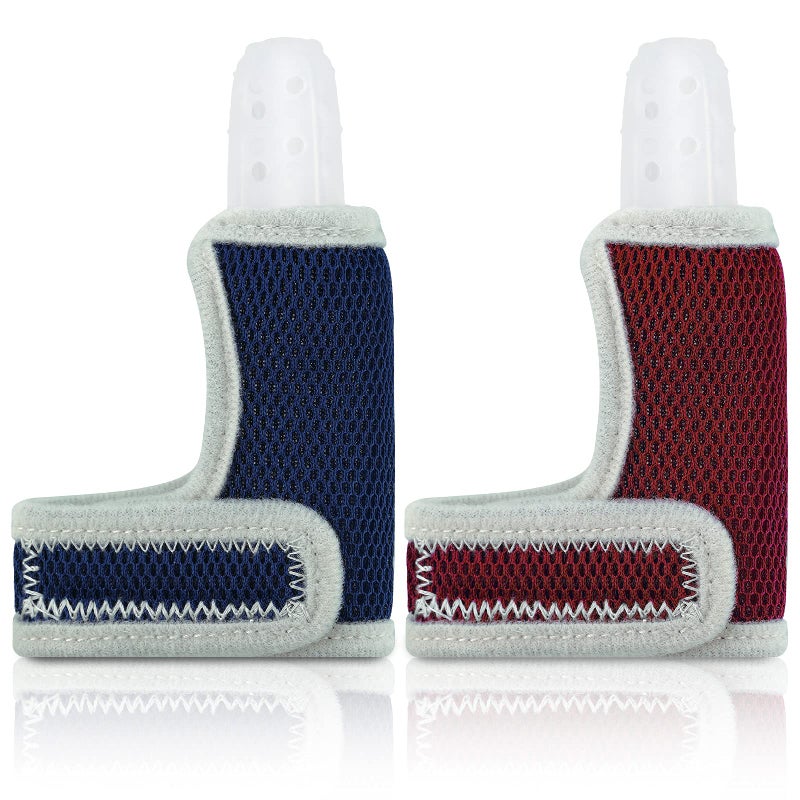 BBTO قطعتان من حارس أصابع السيليكون للأطفال مع حزام معصم قابل للتنفس مجموعة الإبهام لمنع الأطفال من مص الأصابع (أزرق، أحمر) - Image 1