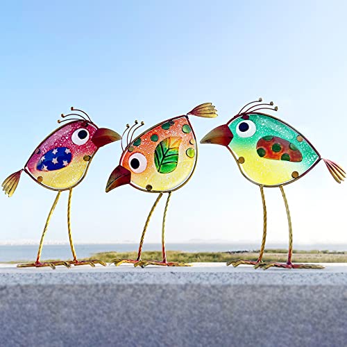 LEGIFO Garden Decor for Outside,Funny Metal & Glass Bird Decor for Indoor & Outdoor Set of 3,Yard Art Decor,Garden Art Statues Decorations,Colorful and Patriotic - Image 1