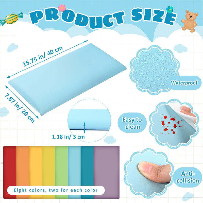 Hahafelt حواف حائط هاهافيلت 16 عبوة لغرفة اللعب، رأس سرير لاصق قابل للإزالة 15.75" × 7.87" × 1.18"، لوحات حائط مبطنة ثلاثية الأبعاد مضادة للاصطدام، لوحة رأس سرير ذاتية اللصق للحماية (ألوان قوس قزح) - Image 2