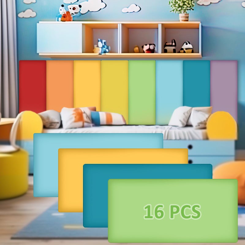 Hahafelt حواف حائط هاهافيلت 16 عبوة لغرفة اللعب، رأس سرير لاصق قابل للإزالة 15.75" × 7.87" × 1.18"، لوحات حائط مبطنة ثلاثية الأبعاد مضادة للاصطدام، لوحة رأس سرير ذاتية اللصق للحماية (ألوان قوس قزح) - Image 1