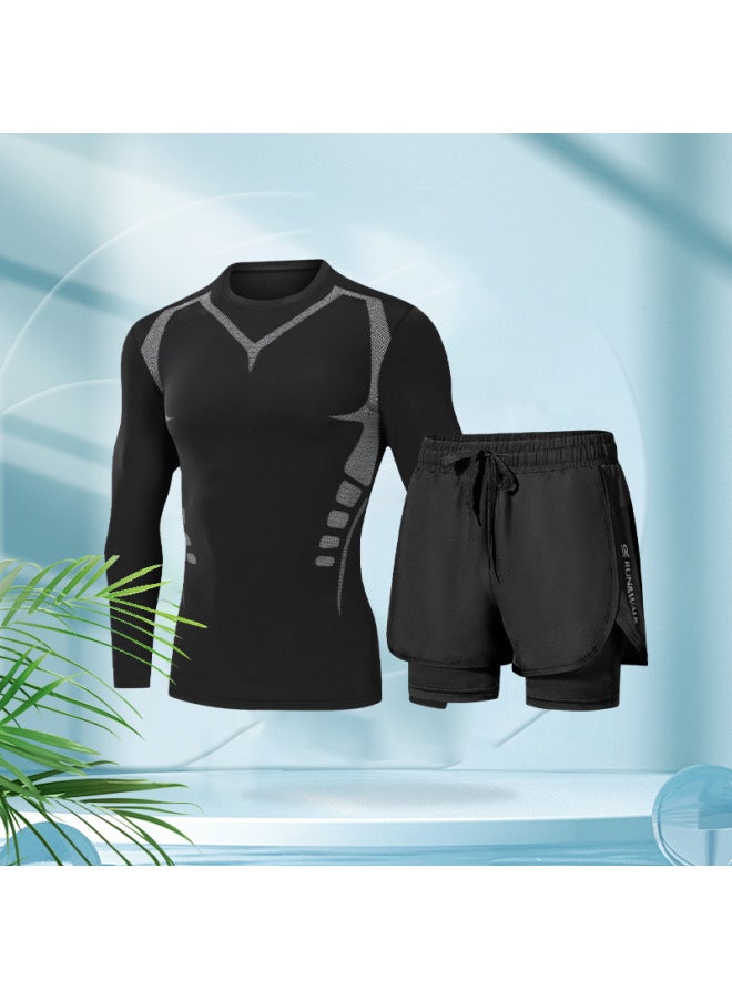 Loquat Swimwear Men's Summer Tight Quick-drying Clothes Ice Silk Sports Top Long-sleeved Double-layer Breathable Sunscreen Upper Body Swimsuit-Color:Swimming Two-piece Set 【cool Summer】 Long-sleeved- - Image 1