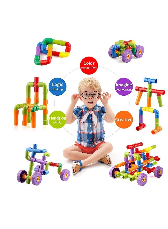 Loquat STEM Toy Pipe Tube Building Kit for Kids, 72 Pcs Creative Interlocking Construction Blocks Sets with Wheels Baseplate Educational Learning Preschool Gift for Tolddlers Boys Girls Age 3 4 5 6 7 8 - Image 2