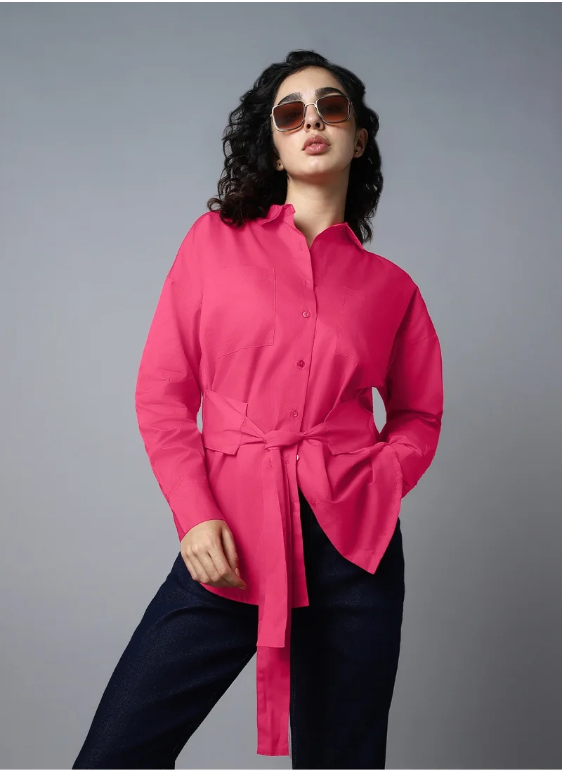 هاي ستار Boxy Pink Peacock Shirt for Women, Waist Tie-Ups