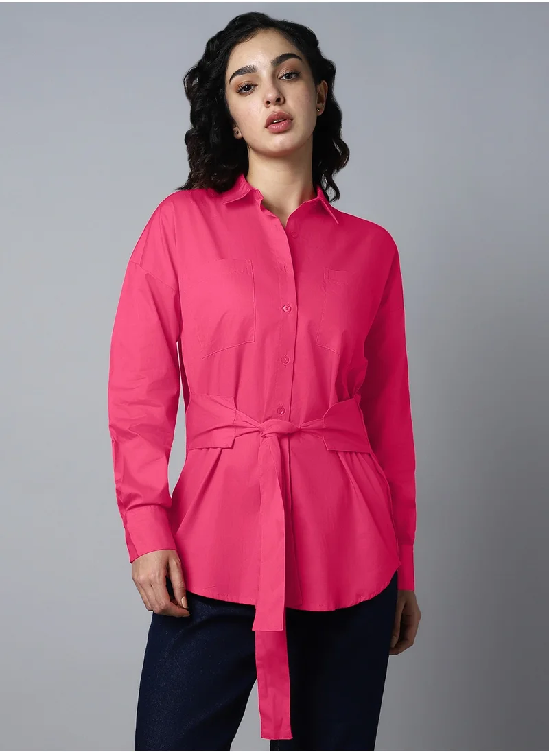 هاي ستار Boxy Pink Peacock Shirt for Women, Waist Tie-Ups