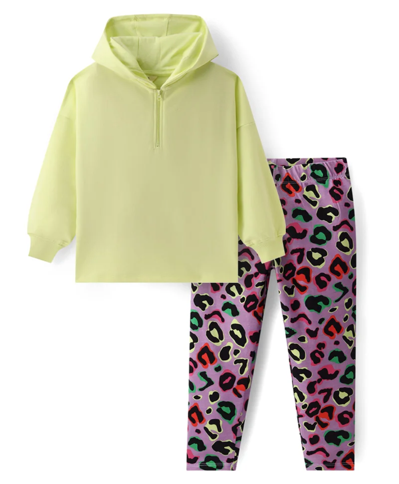 Primo Gino Primo Gino Girls Cotton Full Sleeves Solid Zipper Hoodie With Printed Leggings Set - Light Green