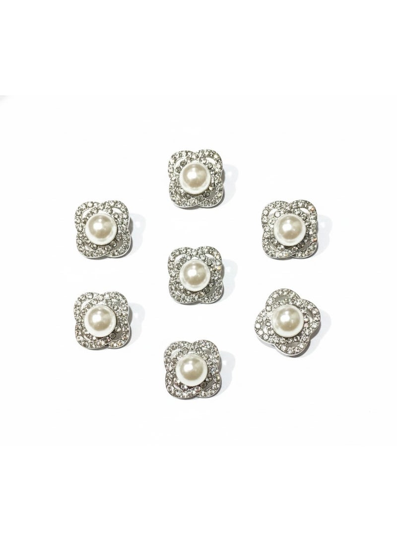Premium 15mm Pearl and Crystal Buttons for Abayas and Blouses - 6 Piece Set - Silver Floral Design Decorative Fasteners. - Image 1