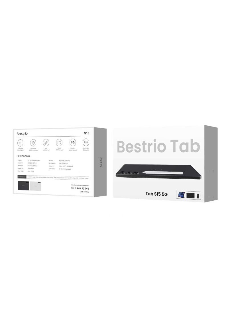 BESTRIO جهاز Bestrio S15 5G اللوحي – شاشة عالية الدقة 10.1 بوصة، ذاكرة وصول عشوائي 8 جيجابايت، ذاكرة تخزين داخلية 512 جيجابايت، معالج ثماني النواة، نظام تشغيل أندرويد 16، يدعم شريحتين SIM وبطارية 6000 مللي أمبير - Image 1