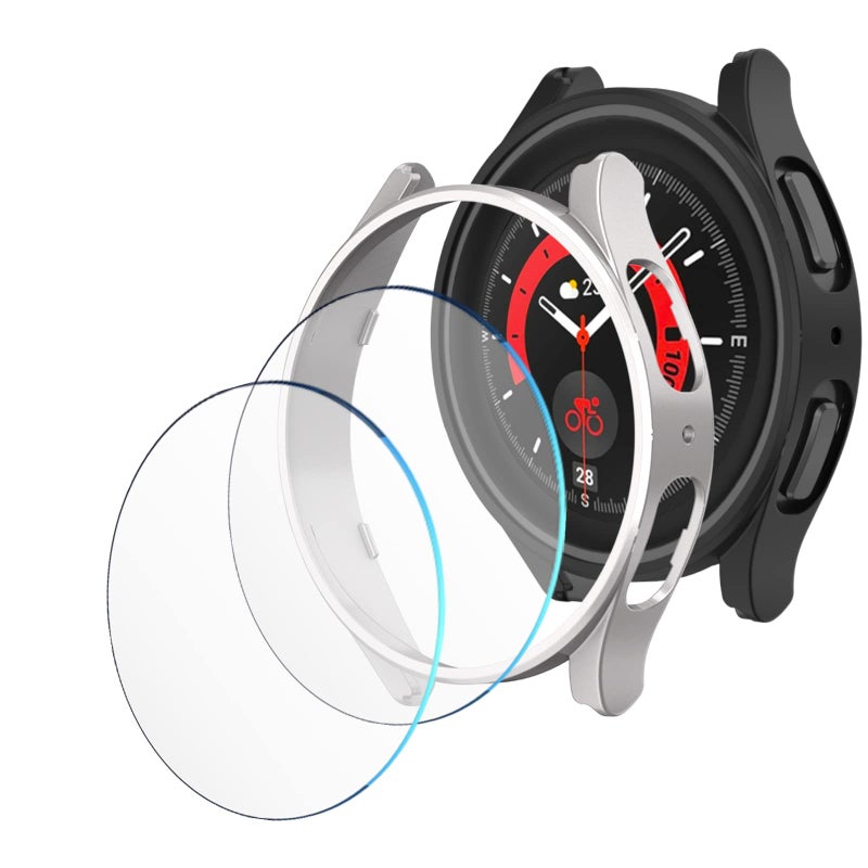 HASDON Samsung Galaxy Watch 5 Pro 45mm 2+2 Pack Case & Screen Protector, Ultra-Thin Hard PC Bumper + Tempered Glass, Black+Silver - Image 1