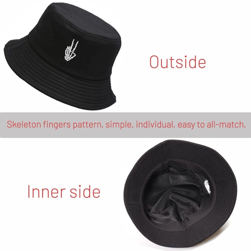 Gadfary Cotton Bucket Hat for Women Men Summer Travel Sun Beach Bucket Cap, Unisex Outdoor Fisherman Hat (Skeleton Fingers Black) - Image 5